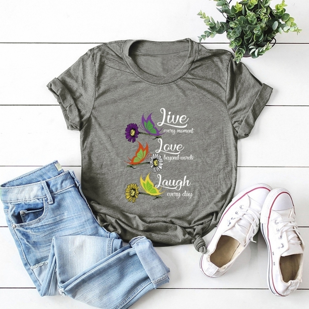 Casual Short Sleeve T-Shirt, Live Love Laugh